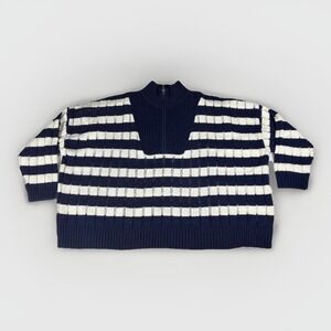 A‎ New Day Sweater Womens 4X Blue Cream Striped Cotton Quarter Zip Ribbed Cuff